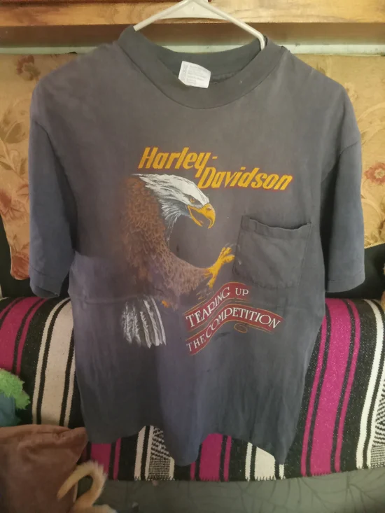Vintage Harley-Davidson Gray Tee with Eagle and Yellow Logo - Picture 1 of 2